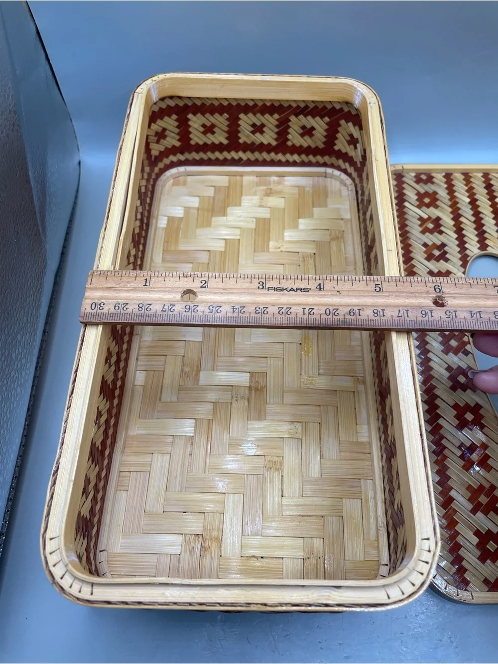 Vintage Bamboo Woven Red Geometric Design Tissue Box Cover With Lid 10.5x3.5”